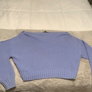 Blue knitted off the shoulder long sleeve top